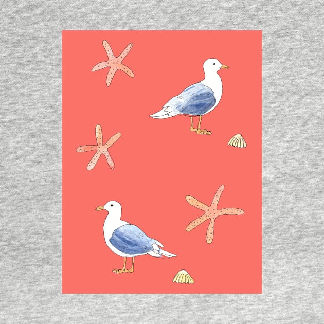 Seagull illustration with coral pink background by Sandraartist